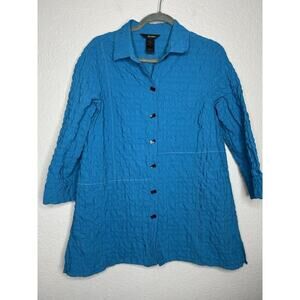 Ali Miles Textured 3/4 Sleeve Blue Button Up Tunic Blouse Size Medium Artsy Fun
